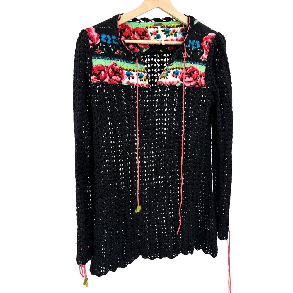 Free People Black Crochet Floral Cottagecore Boho Lace Up Sweater Top - Picture 1 of 9